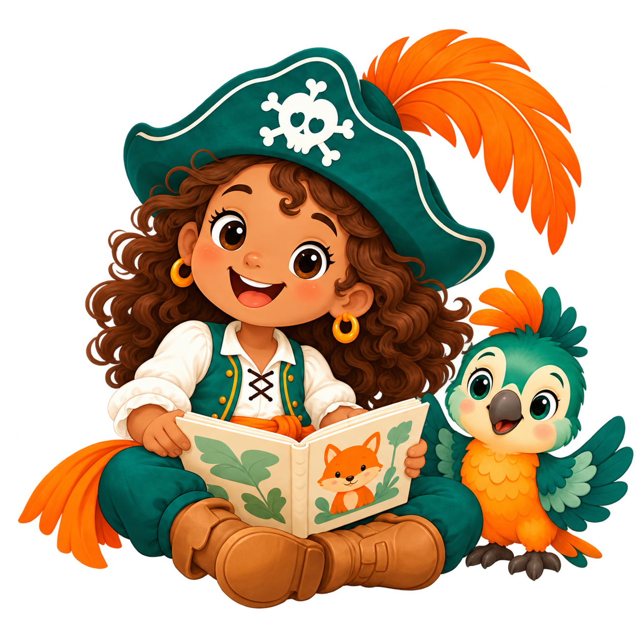Petite pirate lisant avec son perroquet
